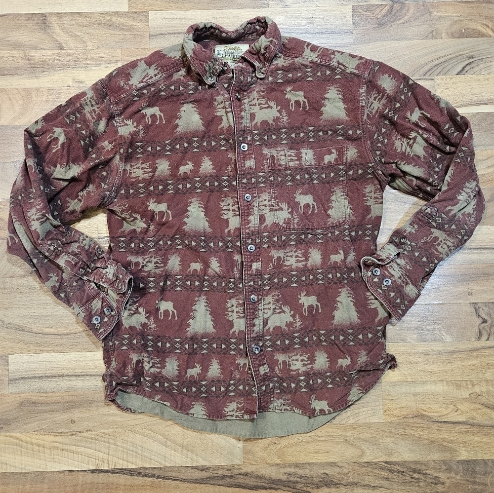 Cabela’s Deerskin Soft Chamois Shirt Men’s M Moose Tree Print Burgundy